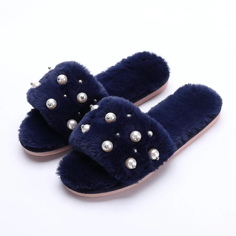 Beaded Plush Slippers for Women