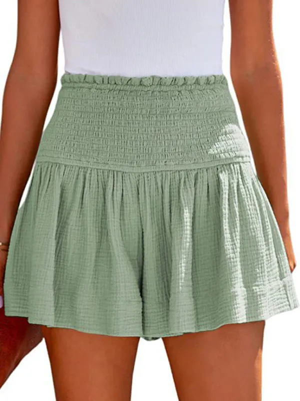 Boho Smocked Pleated High Waist Wide Leg Shorts