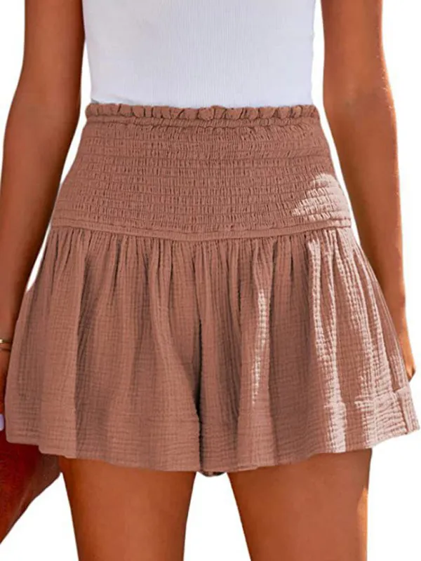 Boho Smocked Pleated High Waist Wide Leg Shorts
