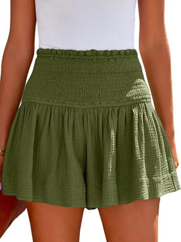 Boho Smocked Pleated High Waist Wide Leg Shorts
