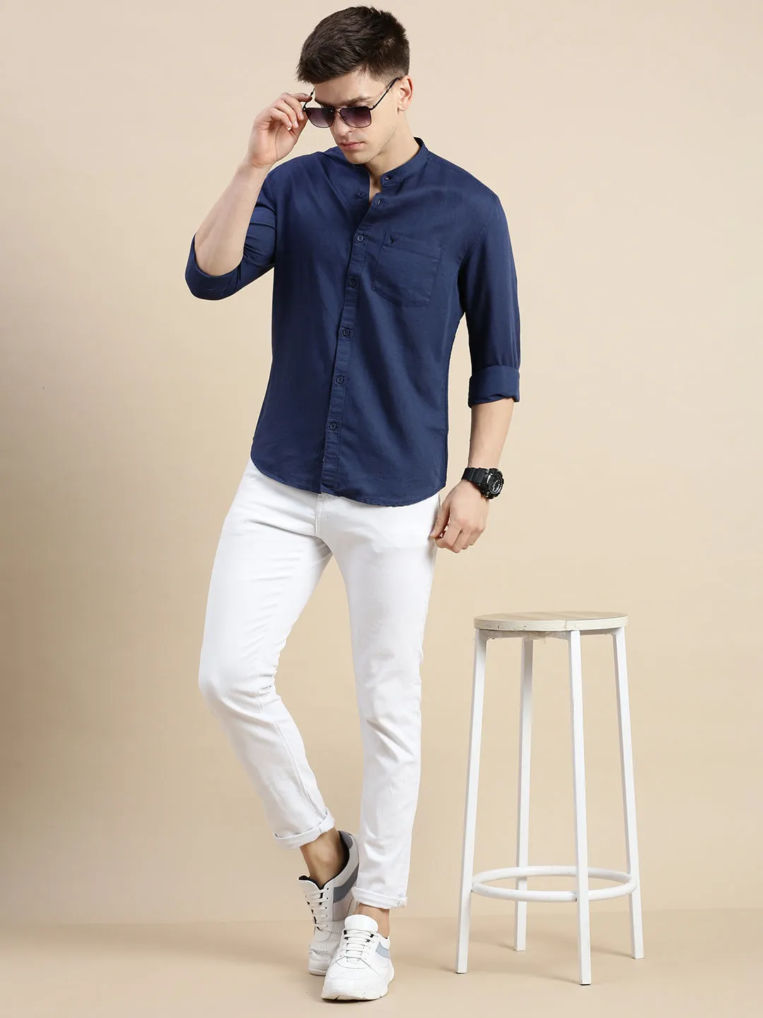 Men Mandarin Collar Solid Navy Blue Shirt